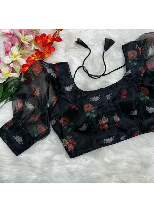 Organza Black Party Wear Digital Printed Blouse